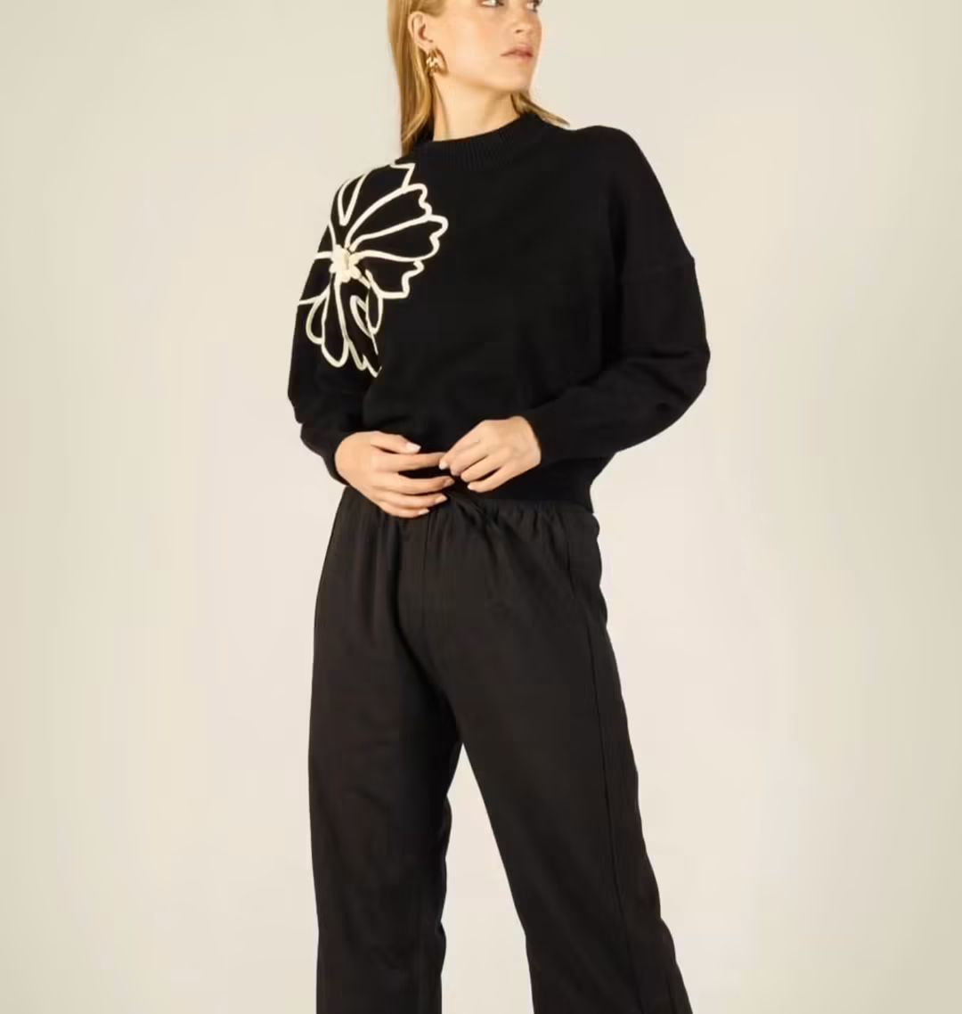 Black Knit Sweater with Flower