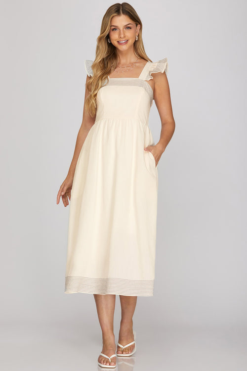 Cream Ruffled Sleeves Midi Dress