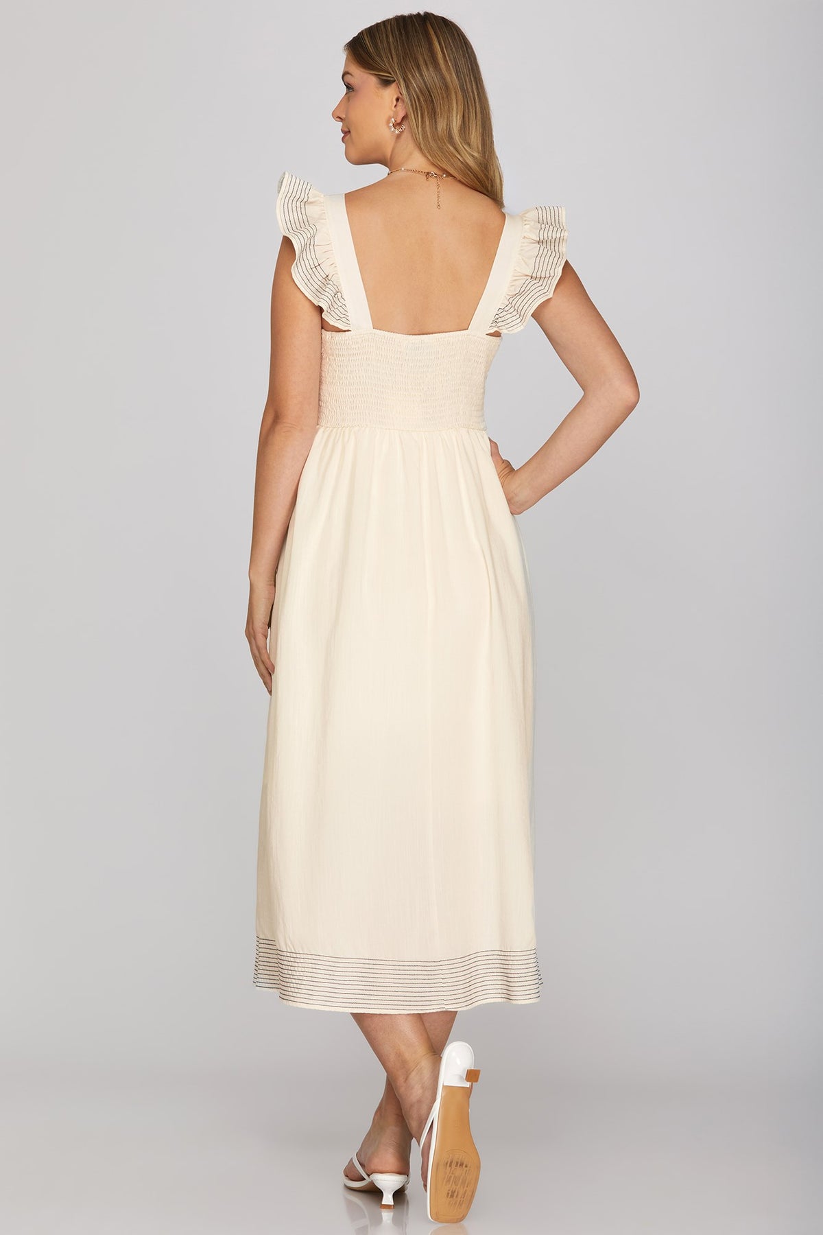 Cream Ruffled Sleeves Midi Dress